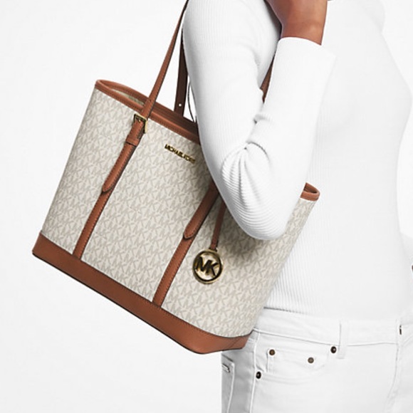 MICHAEL KORS 
Jet Set Travel Small Logo Top-Zip Tote Bag VANILLA SIGNAT/LUGGAGE - Picture 3 of 3